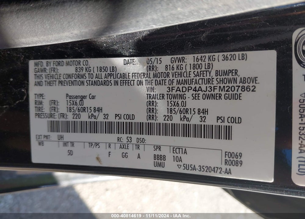 2015 FORD FIESTA VIN: 3FADP4AJ3FM207862