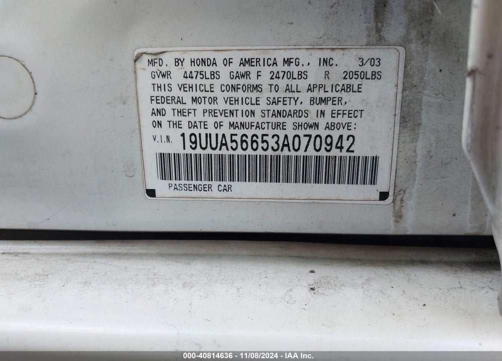 2003 ACURA TL 3.2 VIN: 19UUA56653A070942