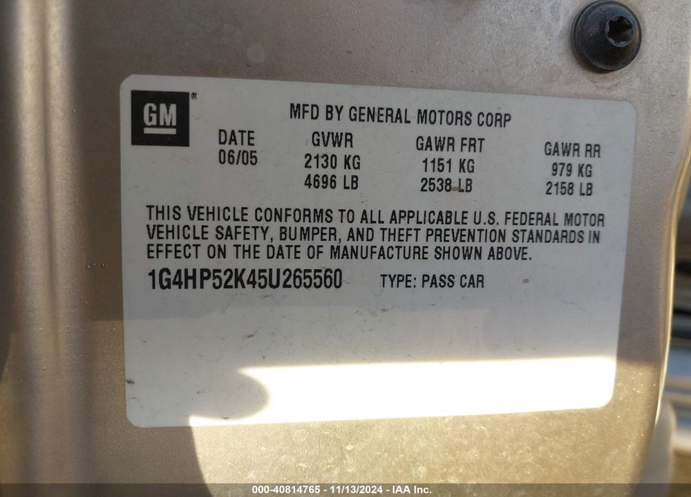 2005 BUICK LESABRE CUSTOM VIN: 1G4HP52K45U265560