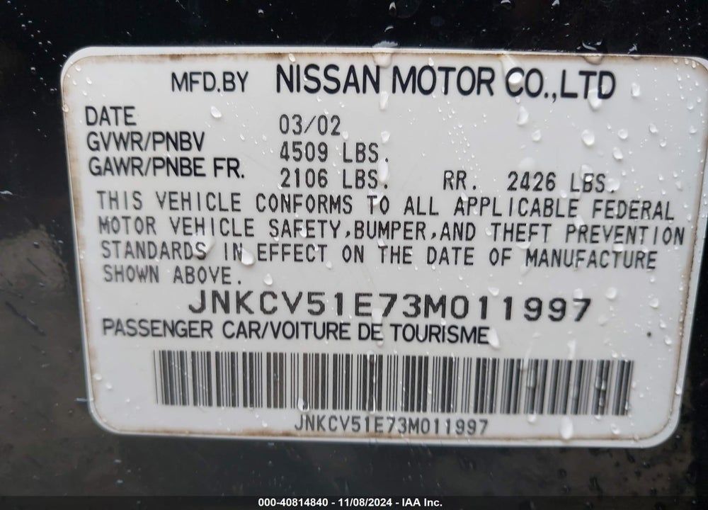 2003 INFINITI G35 BASE W/6 SPEED MANUAL VIN: JNKCV51E73M011997