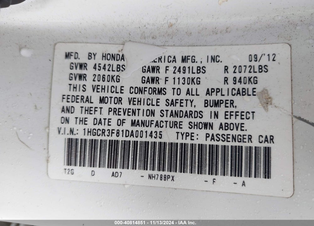 2013 HONDA ACCORD EX-L V-6 VIN: 1HGCR3F81DA001435