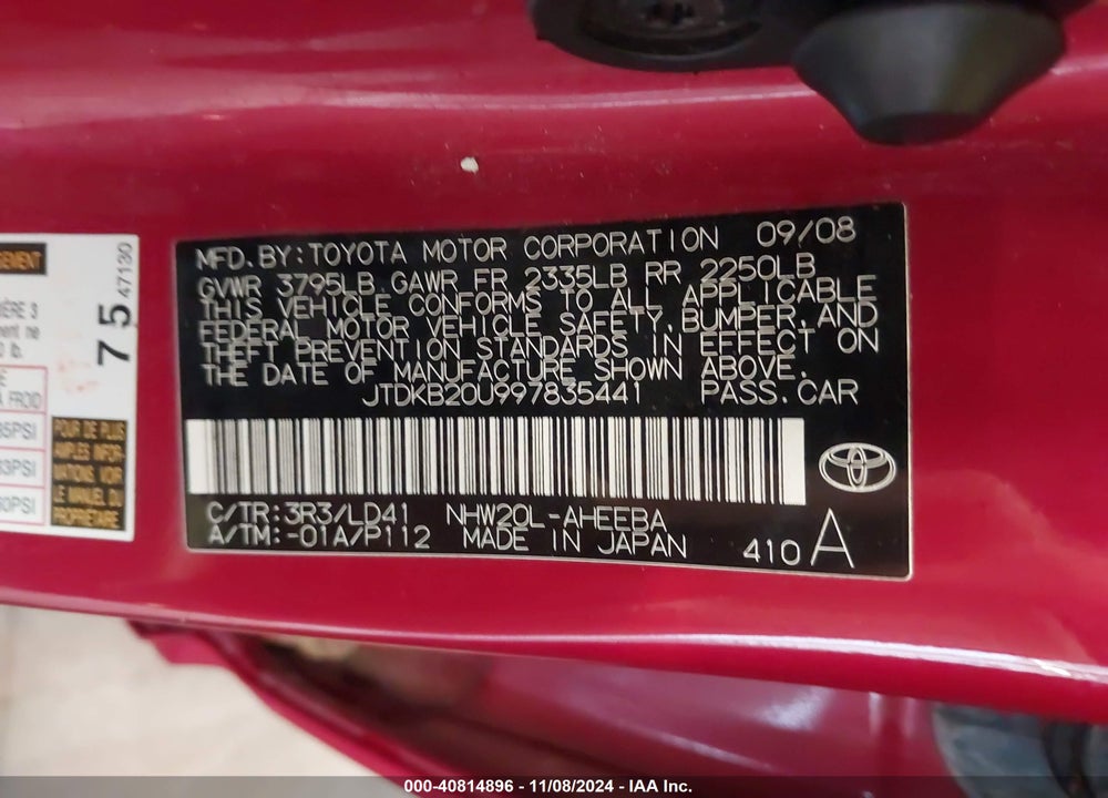 2009 TOYOTA PRIUS VIN: JTDKB20U997835441
