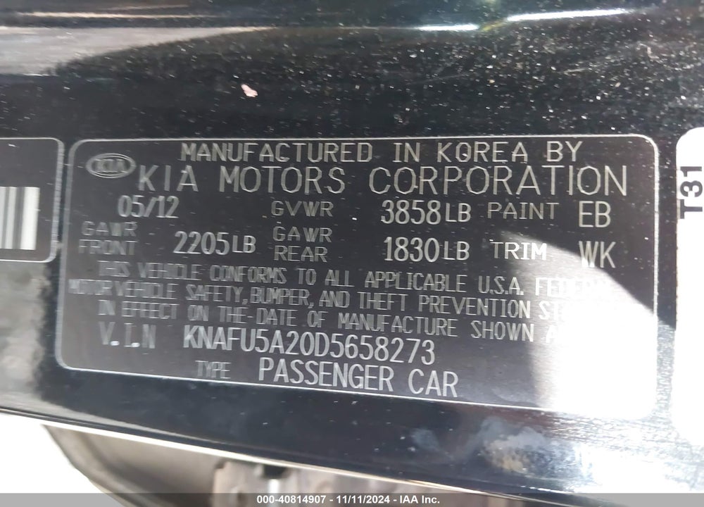 2013 KIA FORTE EX VIN: KNAFU5A20D5658273