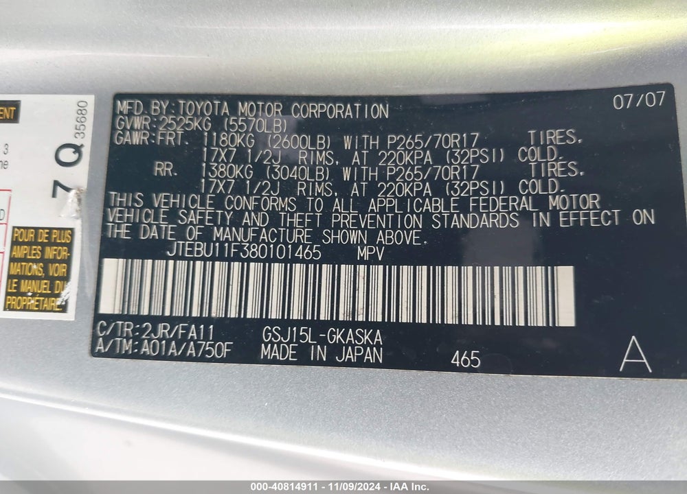 2008 TOYOTA FJ CRUISER VIN: JTEBU11F380101465