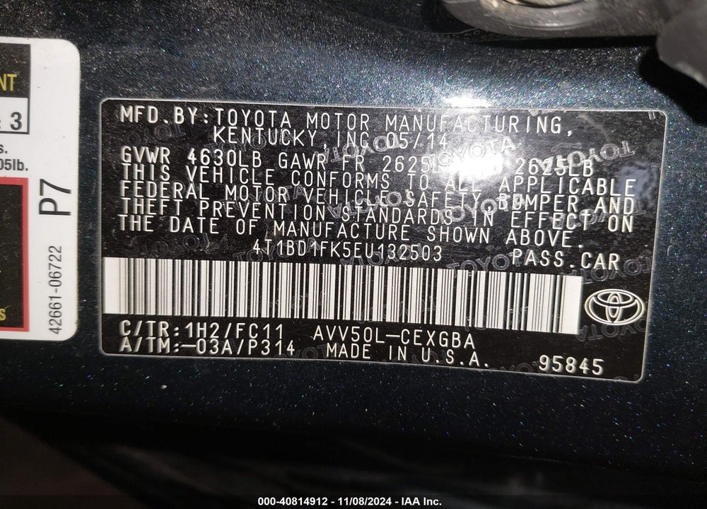 2014 TOYOTA CAMRY HYBRID XLE VIN: 4T1BD1FK5EU132503