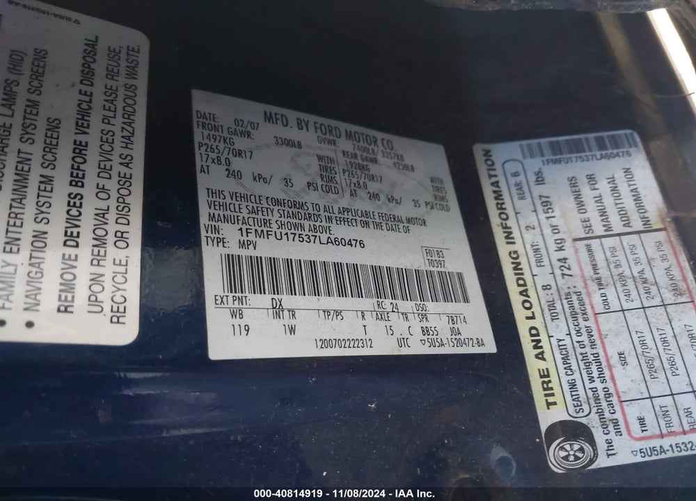 2007 FORD EXPEDITION EDDIE BAUER VIN: 1FMFU17537LA60476
