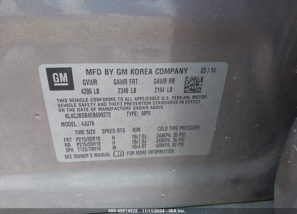 2014 BUICK ENCORE CONVENIENCE VIN: KL4CJBSB4EB699272