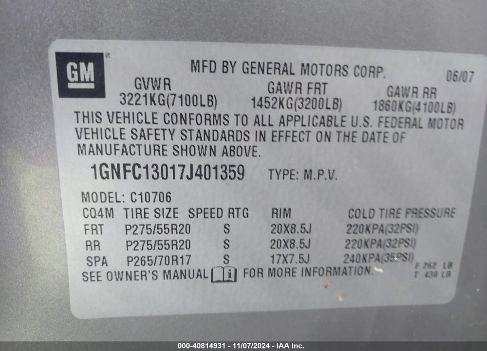 2007 CHEVROLET TAHOE LT VIN: 1GNFC13017J401359
