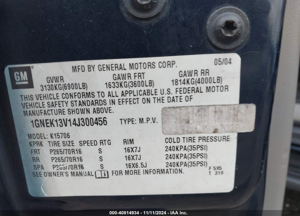 2004 CHEVROLET TAHOE LS VIN: 1GNEK13V14J300456