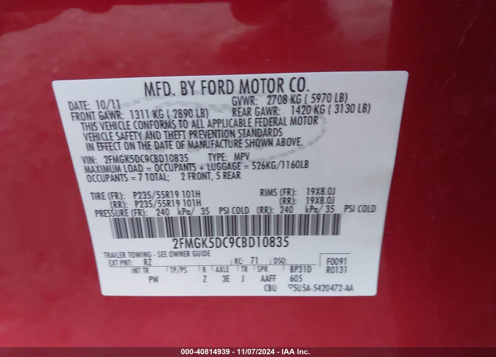 2012 FORD FLEX LIMITED VIN: 2FMGK5DC9CBD10835