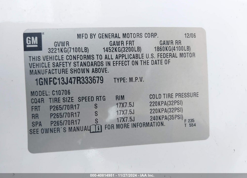 2007 CHEVROLET TAHOE LT VIN: 1GNFC13J47R333679