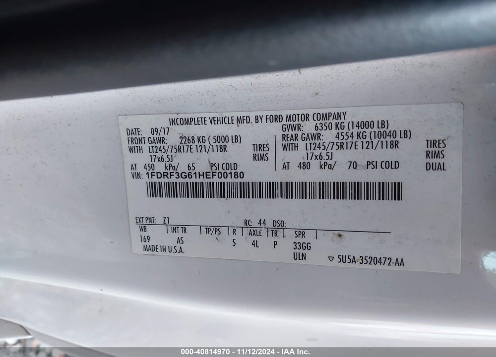 2017 FORD F-350 CHASSIS XL VIN: 1FDRF3G61HEF00180