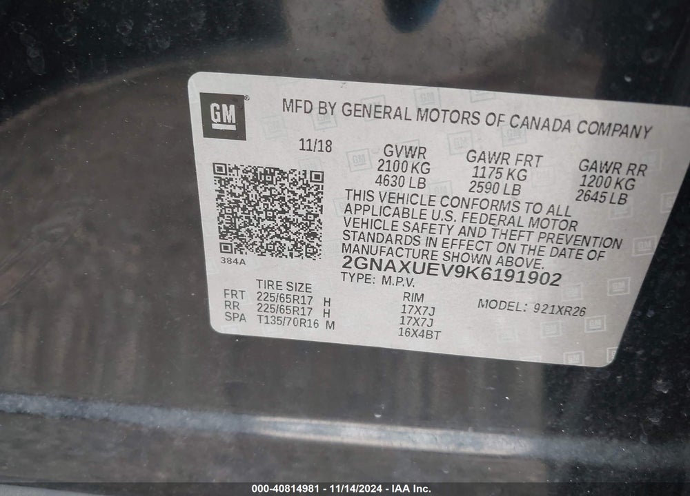 2019 CHEVROLET EQUINOX VIN: 2GNAXUEV9K6191902