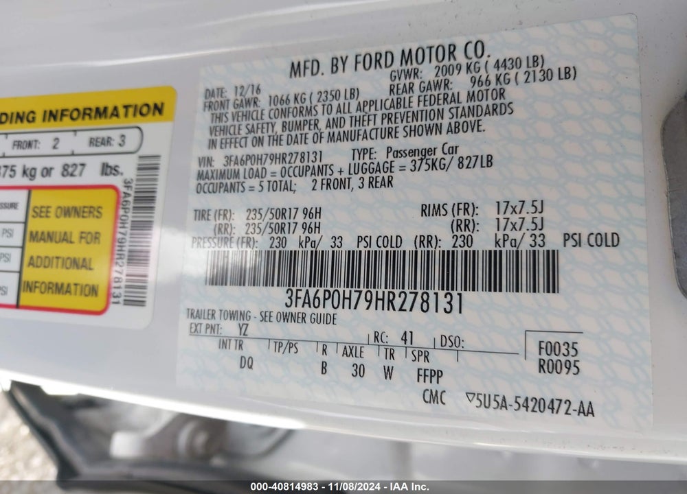 2017 FORD FUSION SE VIN: 3FA6P0H79HR278131