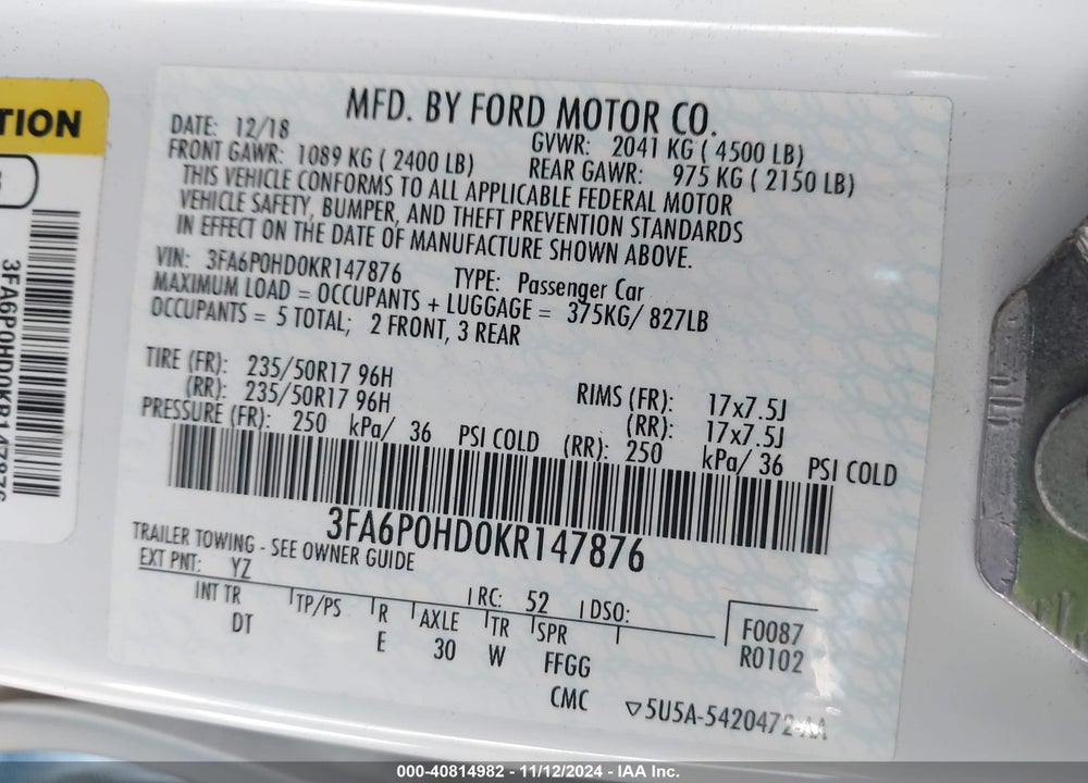 2019 FORD FUSION SE VIN: 3FA6P0HD0KR147876