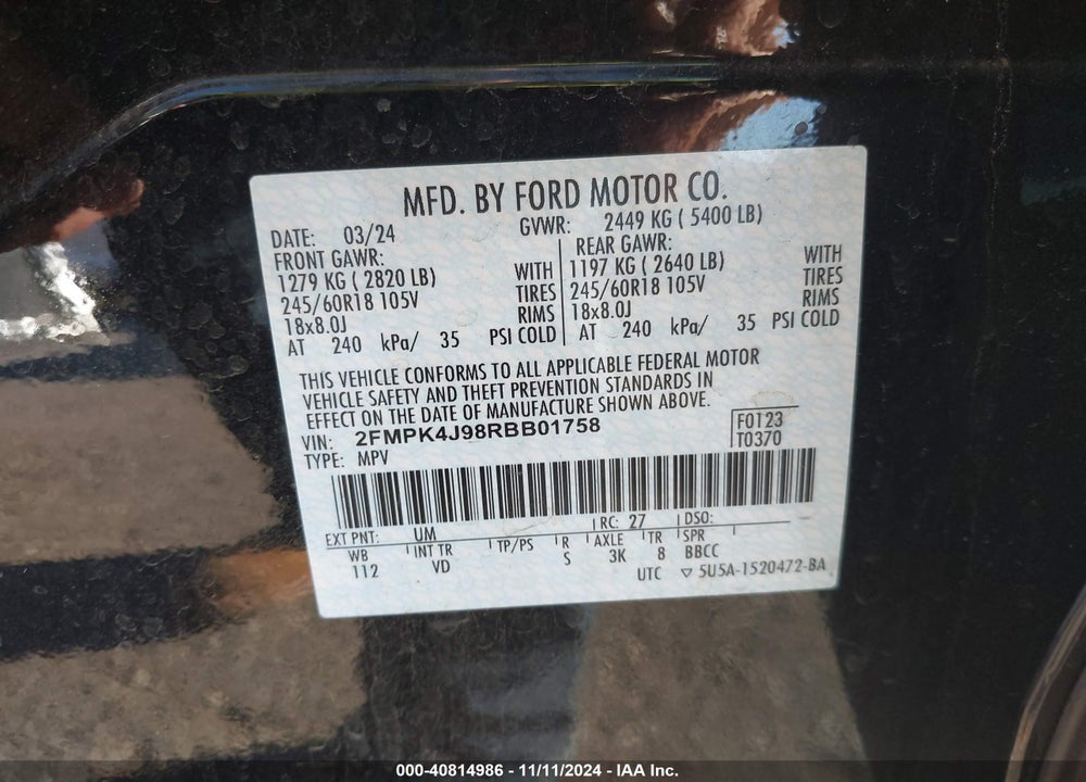 2024 FORD EDGE SEL VIN: 2FMPK4J98RBB01758