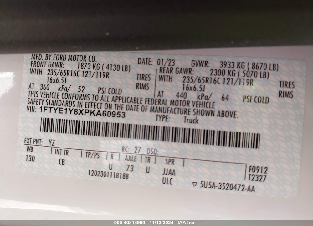 2023 FORD TRANSIT-150 CARGO VAN VIN: 1FTYE1Y8XPKA60953