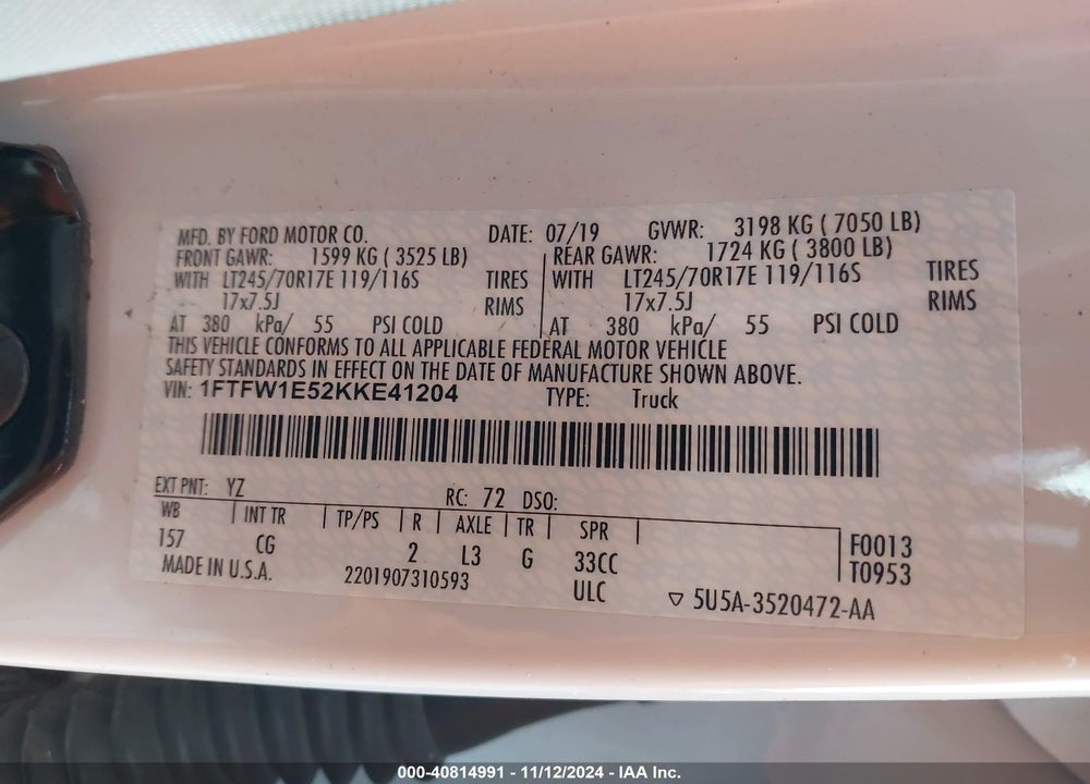 2019 FORD F-150 VIN: 1FTFW1E52KKE41204