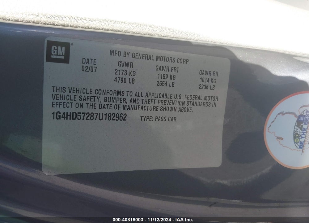 2007 BUICK LUCERNE CXL VIN: 1G4HD57287U182962