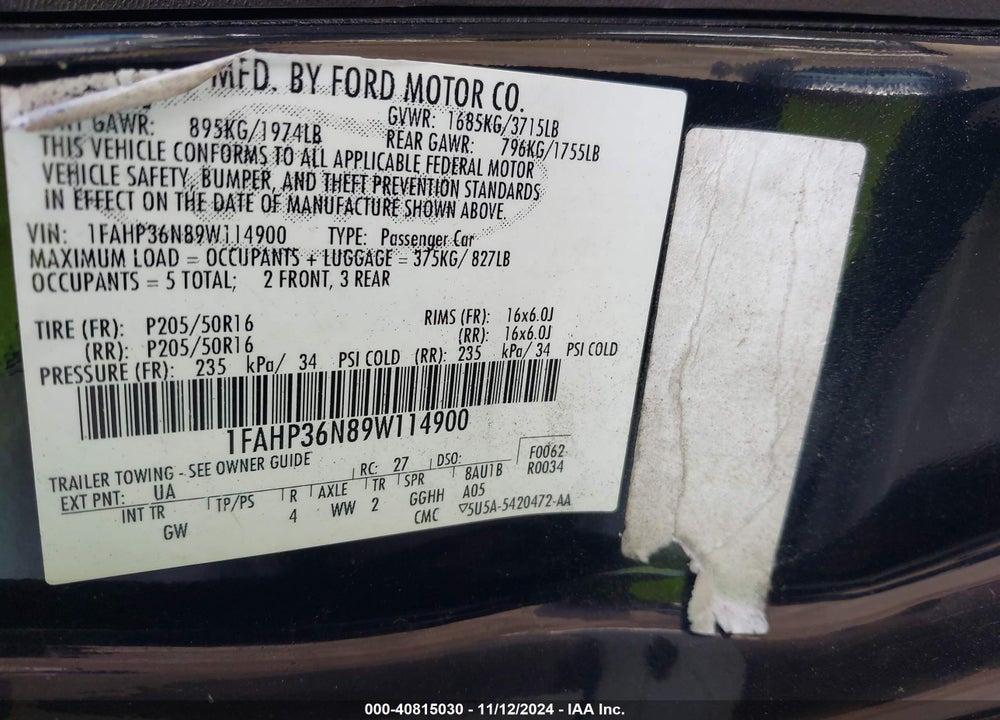 2009 FORD FOCUS SES VIN: 1FAHP36N89W114900
