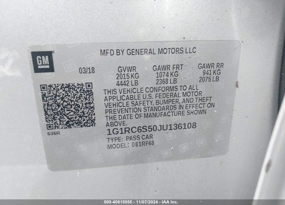 2018 CHEVROLET VOLT LT VIN: 1G1RC6S50JU136108