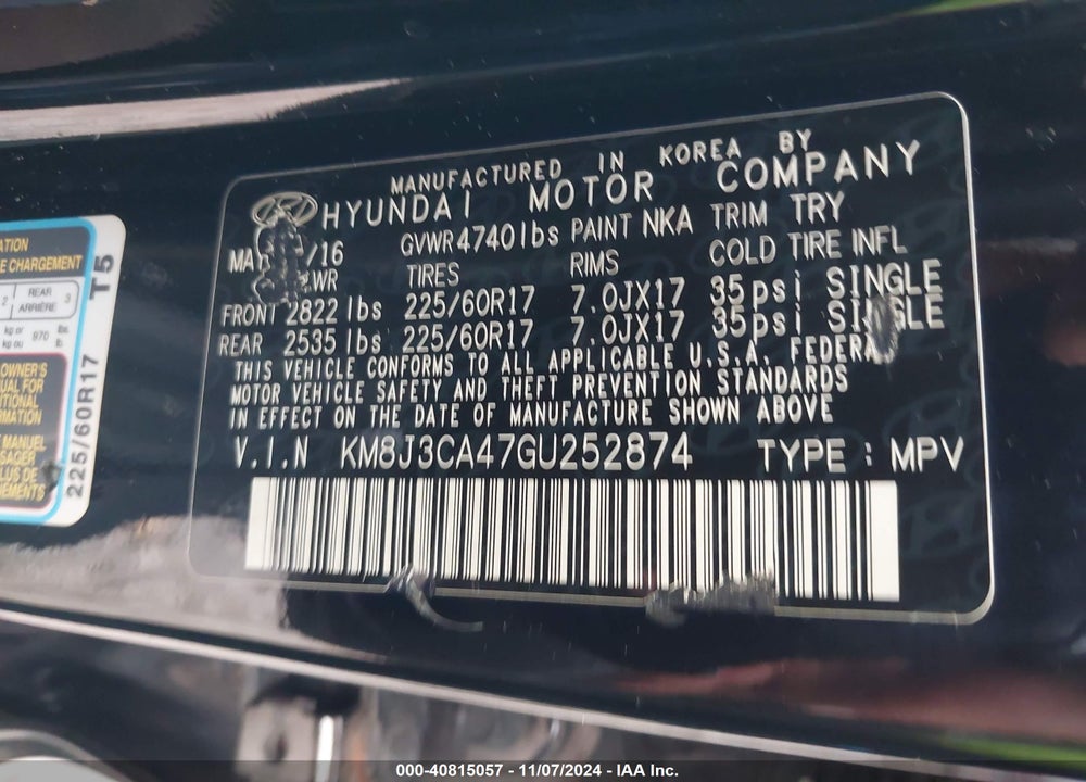 2016 HYUNDAI TUCSON SE VIN: KM8J3CA47GU252874