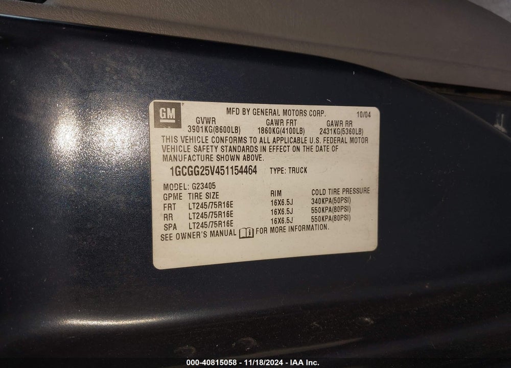 2005 CHEVROLET EXPRESS VIN: 1GCGG25V451154464