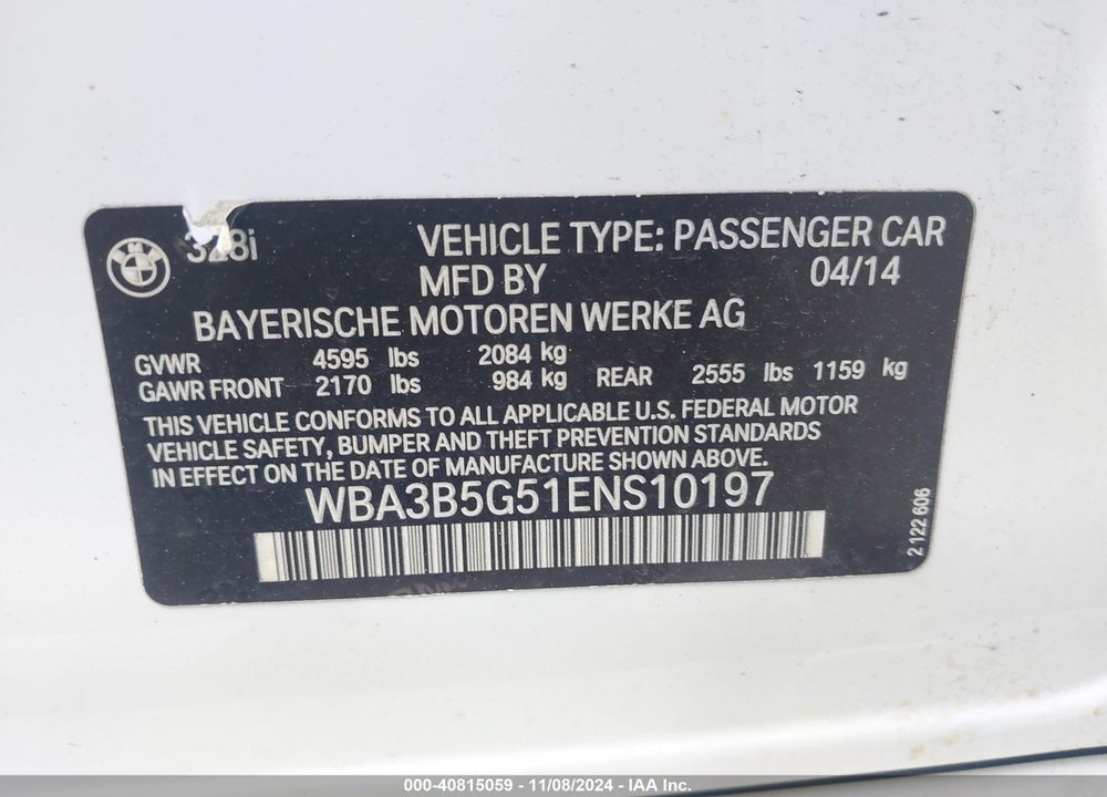 2014 BMW 328I XDRIVE VIN: WBA3B5G51ENS10197