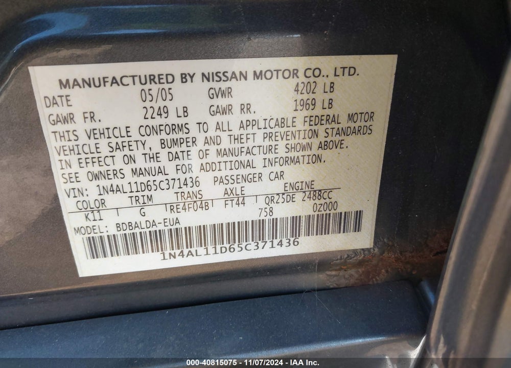 2005 NISSAN ALTIMA 2.5 S VIN: 1N4AL11D65C371436