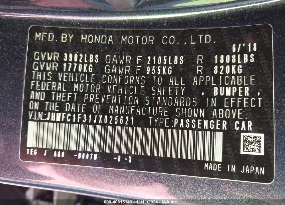 2018 HONDA CIVIC EX-T VIN: JHMFC1F31JX025621