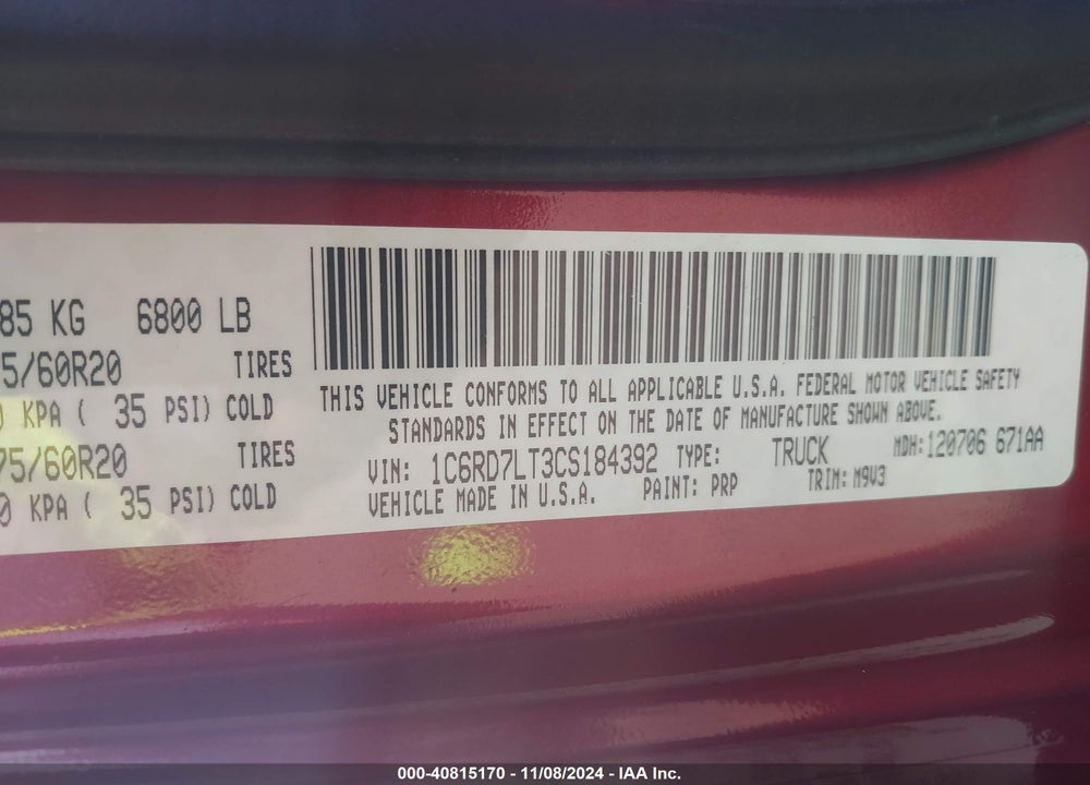 2012 RAM 1500 SLT VIN: 1C6RD7LT3CS184392