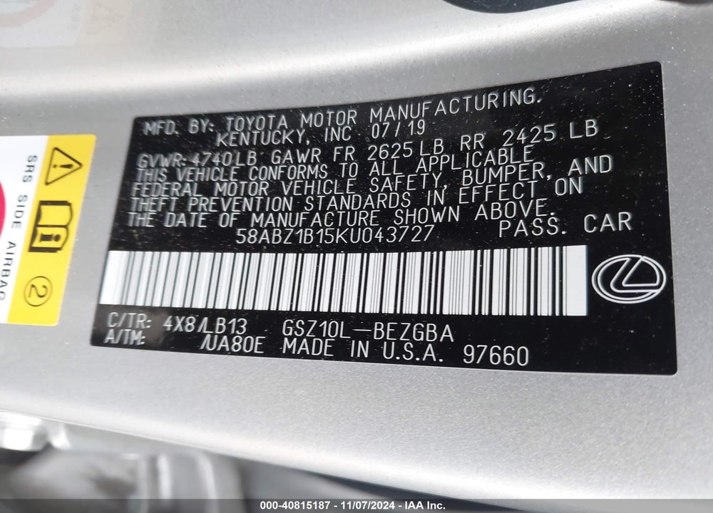 2019 LEXUS ES 350 VIN: 58ABZ1B15KU043727