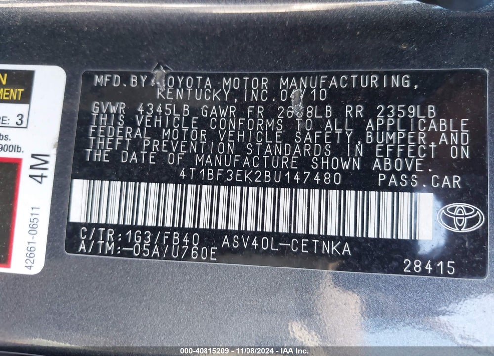 2011 TOYOTA CAMRY LE VIN: 4T1BF3EK2BU147480