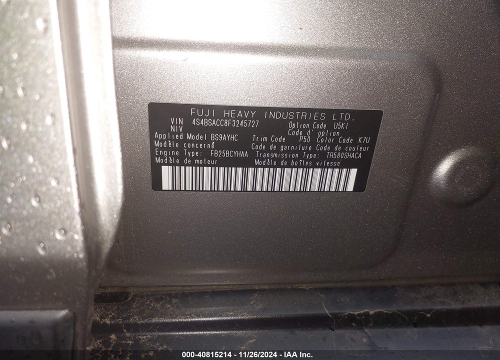 2015 SUBARU OUTBACK 2.5I PREMIUM VIN: 4S4BSACC8F3245727