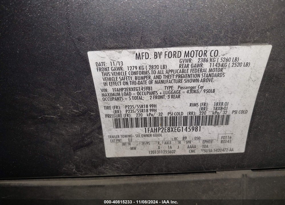 2014 FORD TAURUS SEL VIN: 1FAHP2E8XEG145981