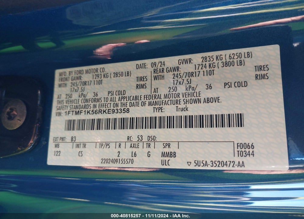 2024 FORD F-150 XL VIN: 1FTMF1K56RKE93358