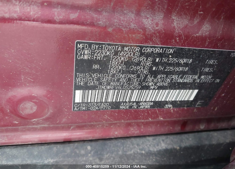2020 TOYOTA RAV4 VIN: JTMDWRFV6LD525259