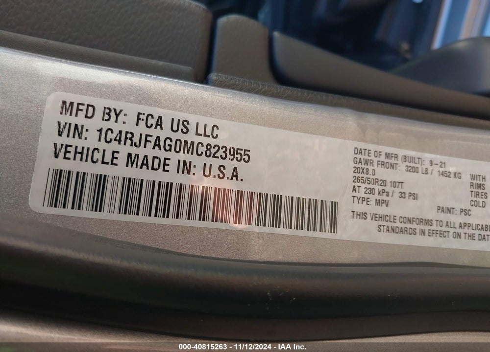 2021 JEEP GRAND CHEROKEE LAREDO X 4X4 VIN: 1C4RJFAG0MC823955