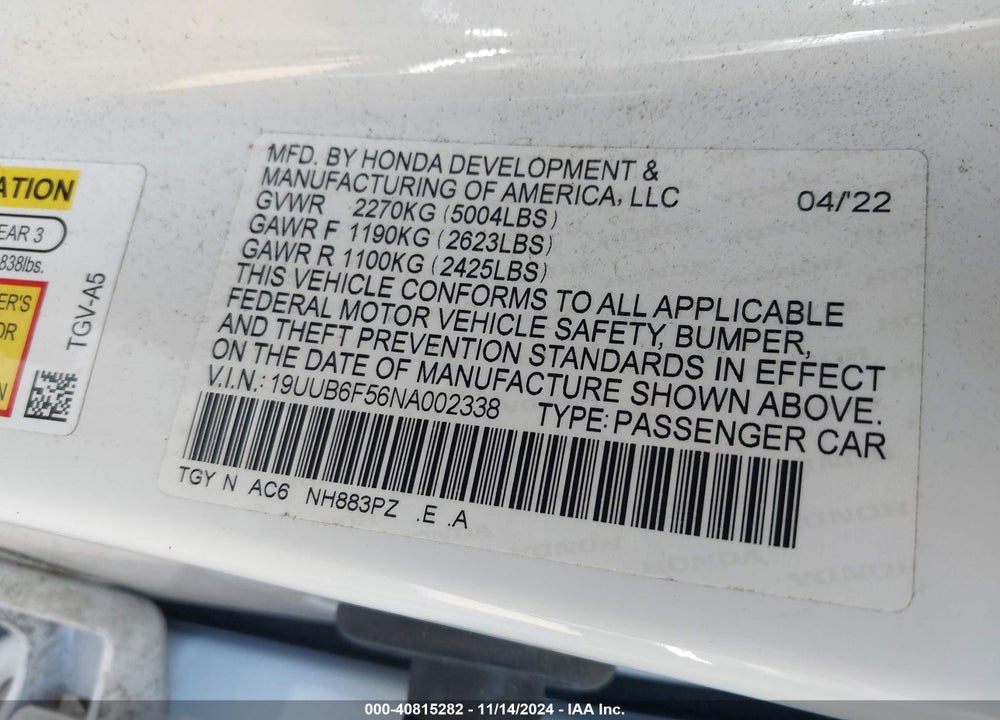 2022 ACURA TLX A-SPEC PACKAGE VIN: 19UUB6F56NA002338