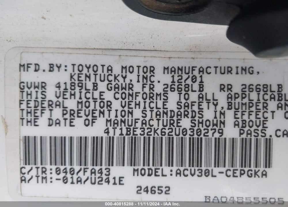 2002 TOYOTA CAMRY XLE VIN: 4T1BE32K62U030279