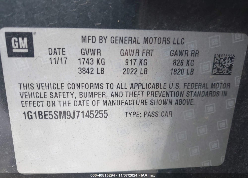 2018 CHEVROLET CRUZE LT AUTO VIN: 1G1BE5SM9J7145255