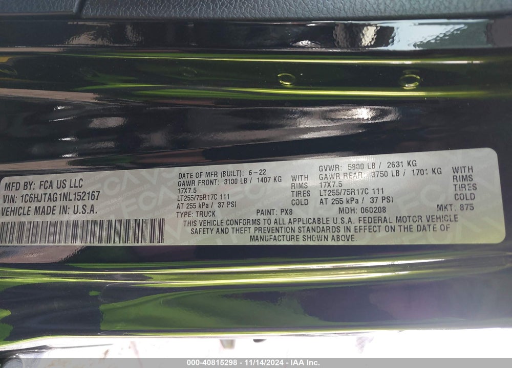 2022 JEEP GLADIATOR VIN: 1C6HJTAG1NL152167