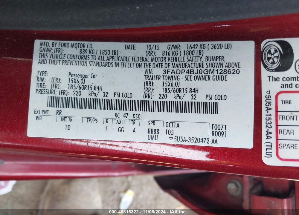 2016 FORD FIESTA SE VIN: 3FADP4BJ0GM128620