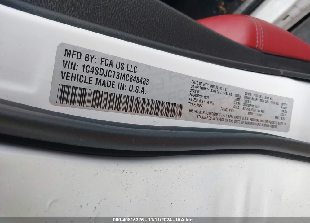 2021 DODGE DURANGO R/T AWD VIN: 1C4SDJCT3MC848483