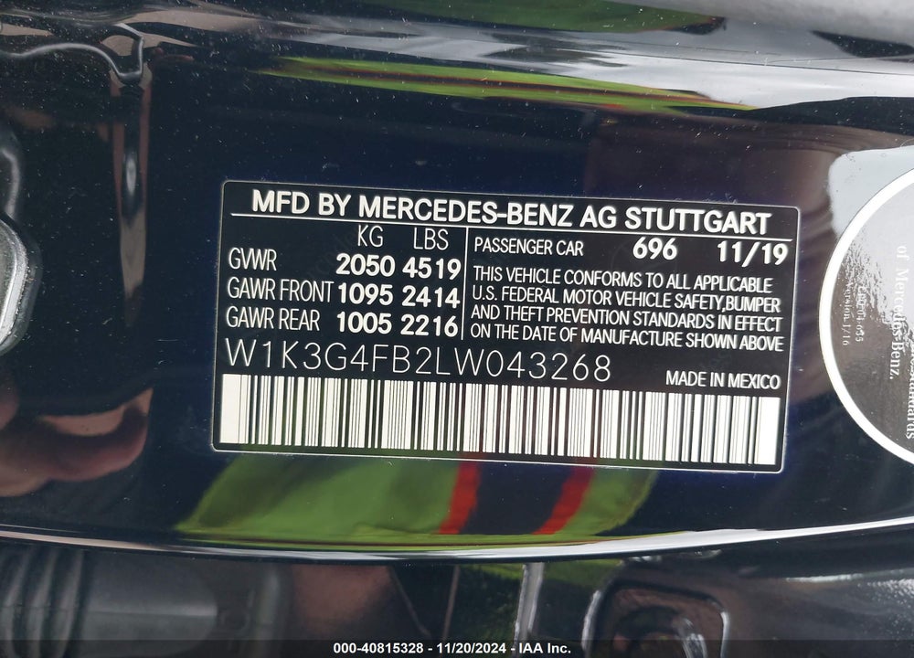 2020 MERCEDES-BENZ A VIN: W1K3G4FB2LW043268