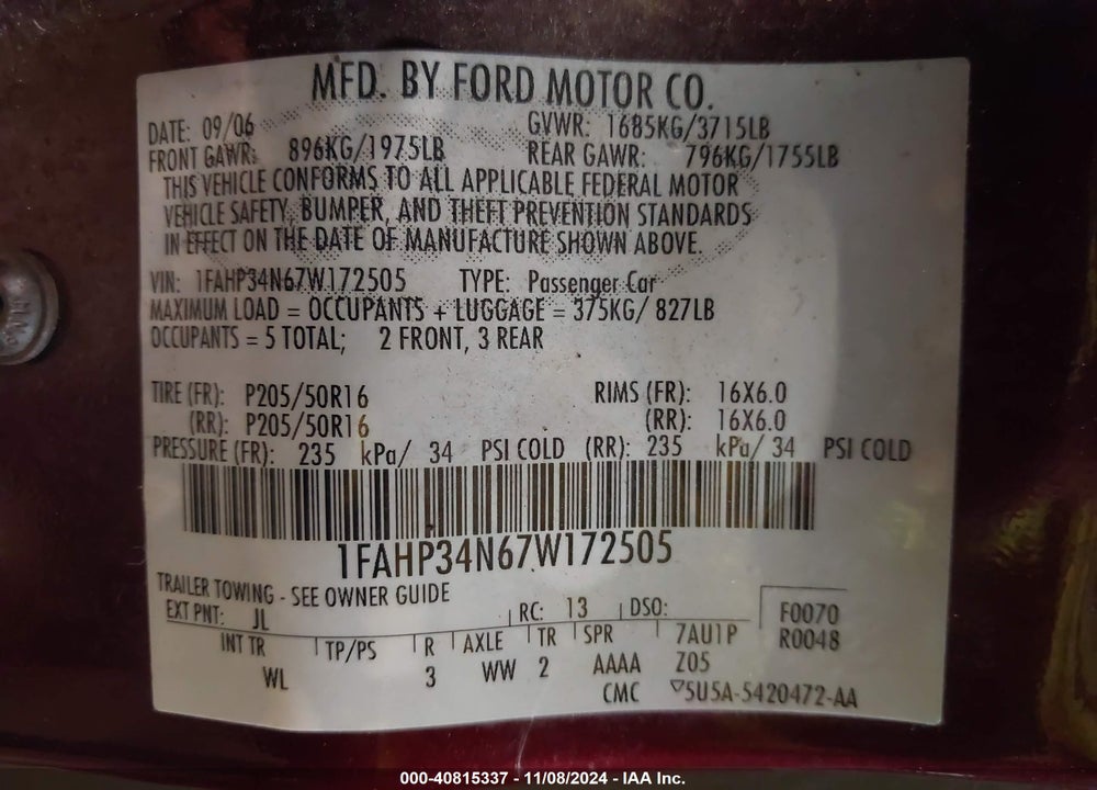 2007 FORD FOCUS S/SE/SES VIN: 1FAHP34N67W172505