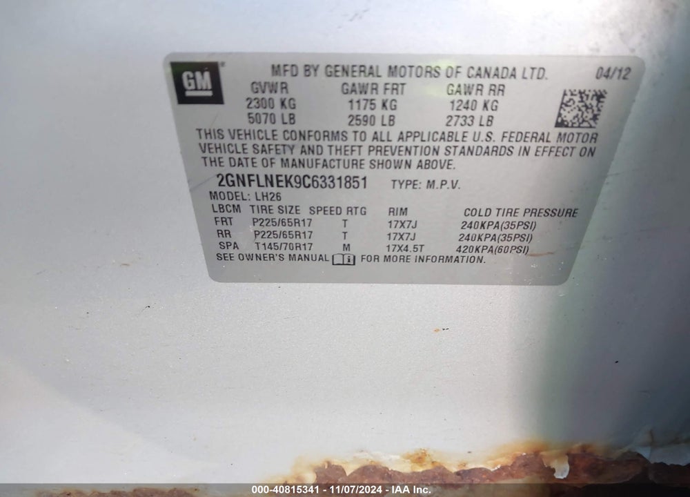 2012 CHEVROLET EQUINOX 2LT VIN: 2GNFLNEK9C6331851