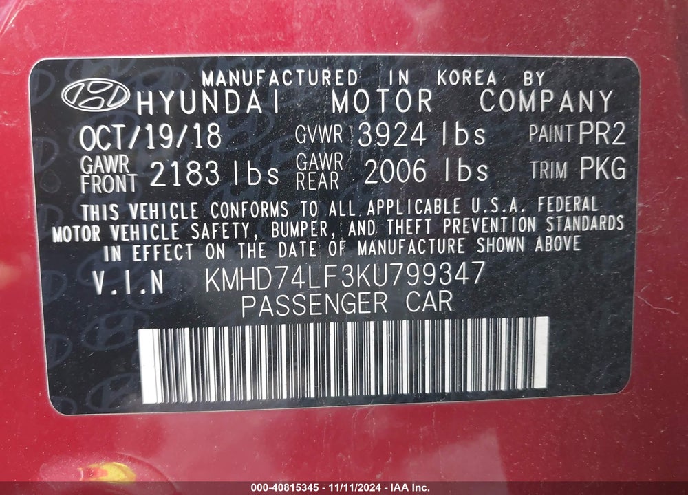 2019 HYUNDAI ELANTRA SE VIN: KMHD74LF3KU799347