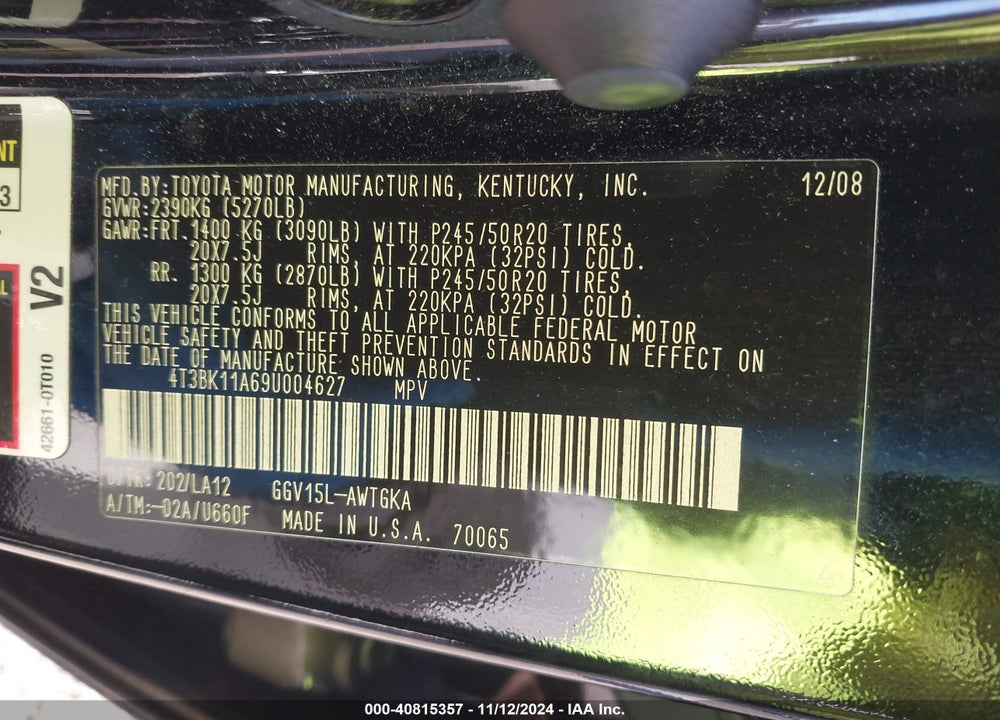 2009 TOYOTA VENZA VIN: 4T3BK11A69U004627