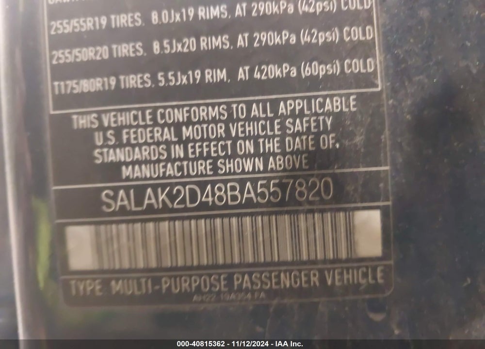 2011 LAND ROVER LR4 VIN: SALAK2D48BA557820